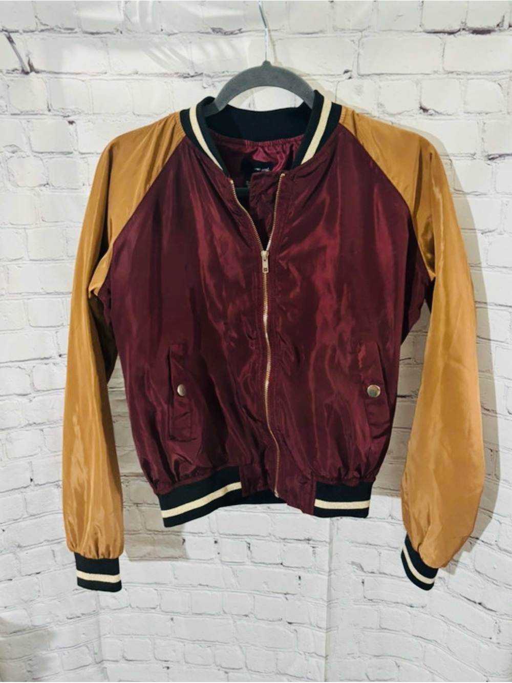Wet Seal Maroon and Mustard Satin Varsity Bomber Jacket
